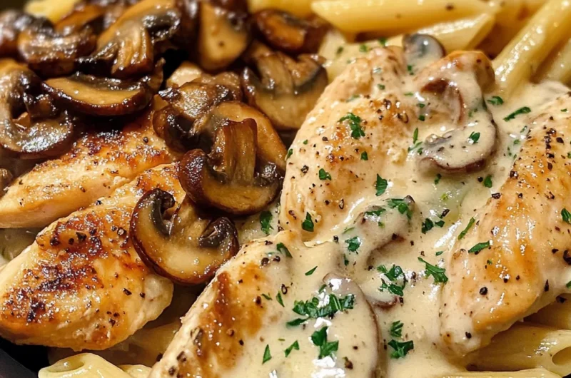 Creamy Garlic Mushroom Chicken with White Cheddar Parmesan Penne
