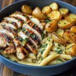 Creamy Herb Pasta with Juicy Grilled Chicken & Crispy Golden Potatoes