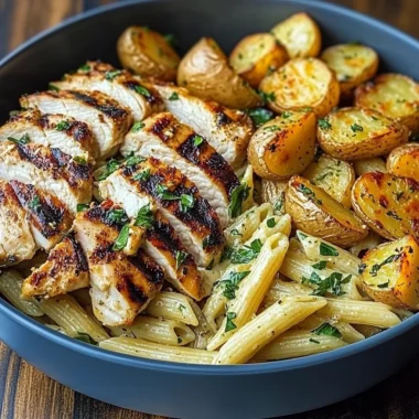 Creamy Herb Pasta with Juicy Grilled Chicken & Crispy Golden Potatoes