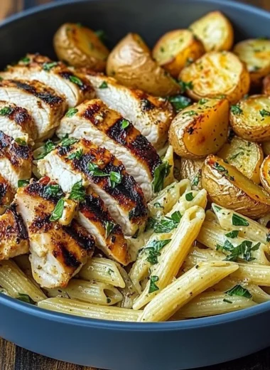 Creamy Herb Pasta with Juicy Grilled Chicken & Crispy Golden Potatoes