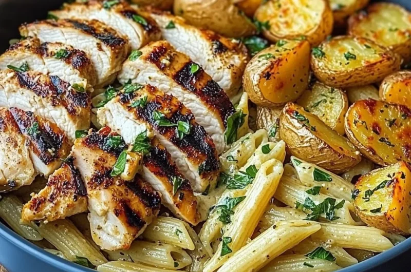 Creamy Herb Pasta with Juicy Grilled Chicken & Crispy Golden Potatoes