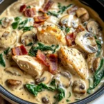Creamy Slow Cooker Chicken Stroganoff with Bacon, Spinach, and Mushrooms