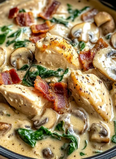 Creamy Slow Cooker Chicken Stroganoff with Bacon, Spinach, and Mushrooms