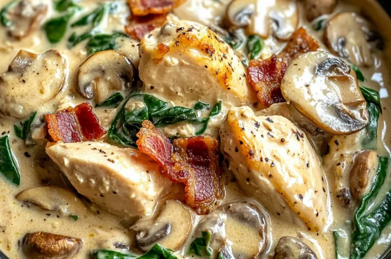 Creamy Slow Cooker Chicken Stroganoff with Bacon, Spinach, and Mushrooms