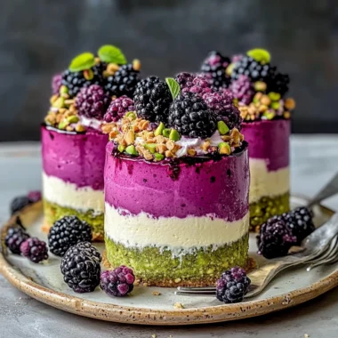 Elegant Pistachio & Blackberry Cheesecake Towers with Mascarpone Topping
