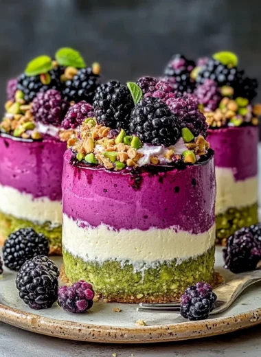 Elegant Pistachio & Blackberry Cheesecake Towers with Mascarpone Topping