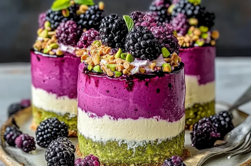 Elegant Pistachio & Blackberry Cheesecake Towers with Mascarpone Topping