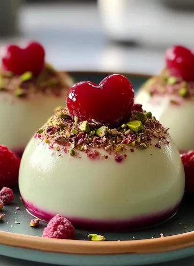 Elegant Pistachio & Rose Panna Cotta Domes with Raspberry Heart