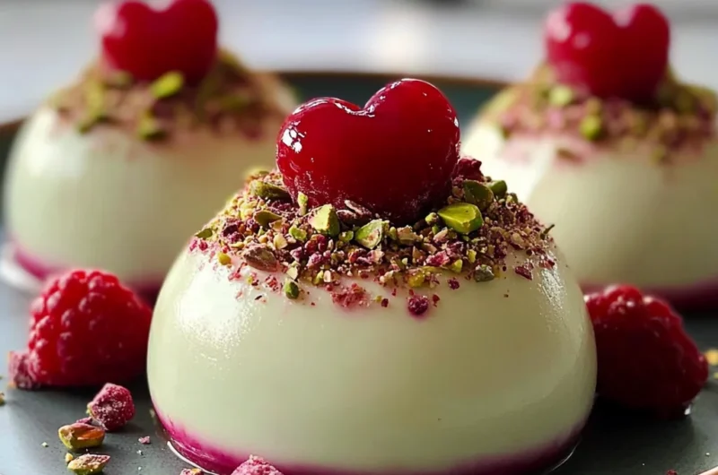 Elegant Pistachio & Rose Panna Cotta Domes with Raspberry Heart
