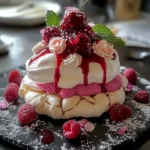 Elegant Raspberry Rose Pavlova with White Chocolate Cream and Floral Coulis