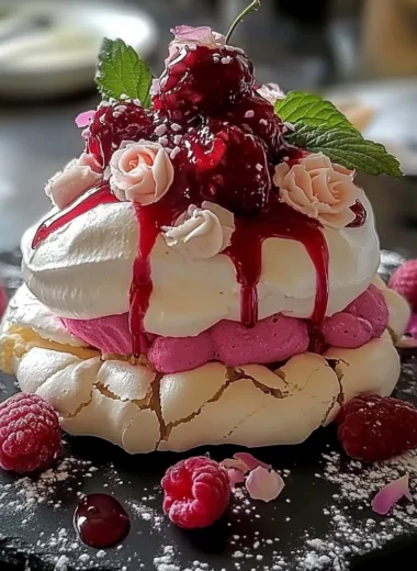 Elegant Raspberry Rose Pavlova with White Chocolate Cream and Floral Coulis