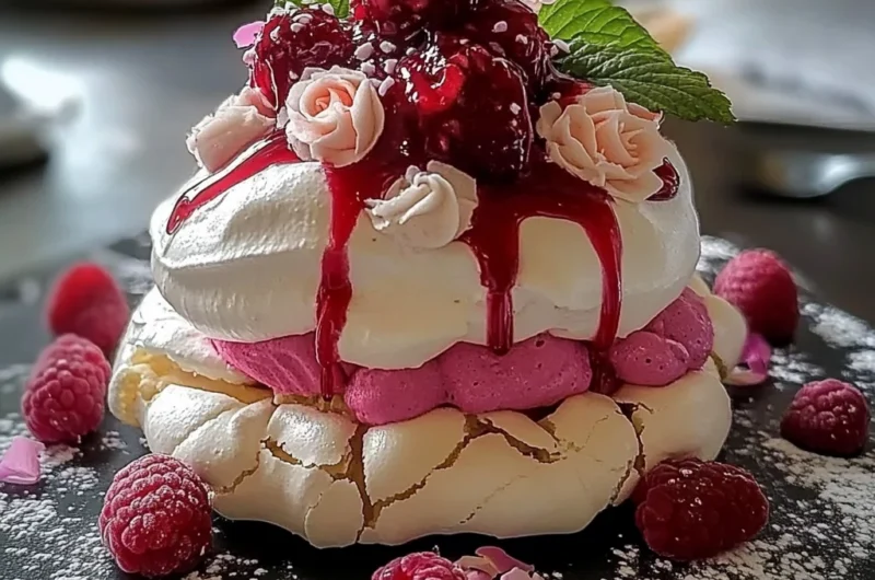 Elegant Raspberry Rose Pavlova with White Chocolate Cream and Floral Coulis