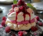 Elegant Raspberry Rose Pavlova with White Chocolate Cream and Floral Coulis