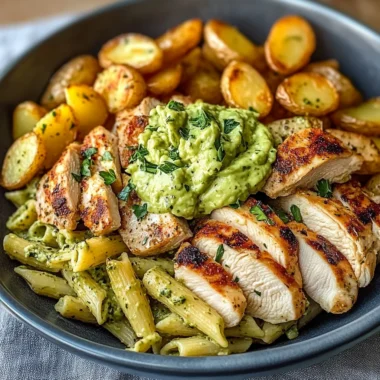 Epic Creamy Chicken Pasta Bowl with Roasted Potatoes & Avocado Herb Sauce