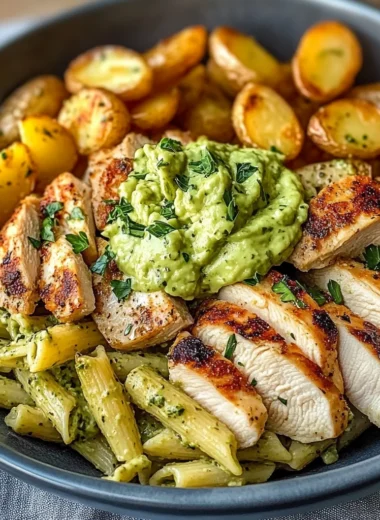 Epic Creamy Chicken Pasta Bowl with Roasted Potatoes & Avocado Herb Sauce