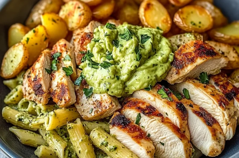 Epic Creamy Chicken Pasta Bowl with Roasted Potatoes & Avocado Herb Sauce