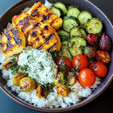 Epic Grilled Halloumi Greek Bowl with Creamy Tzatziki & Herby Veggies