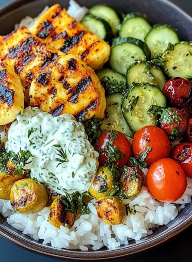 Epic Grilled Halloumi Greek Bowl with Creamy Tzatziki & Herby Veggies