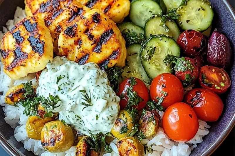 Epic Grilled Halloumi Greek Bowl with Creamy Tzatziki & Herby Veggies