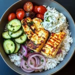 Epic Grilled Halloumi Rice Bowl with Tzatziki & Greek Veggies