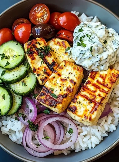 Epic Grilled Halloumi Rice Bowl with Tzatziki & Greek Veggies
