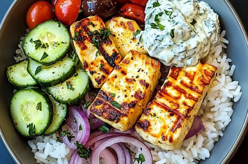 Epic Grilled Halloumi Rice Bowl with Tzatziki & Greek Veggies