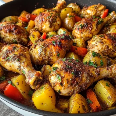 Epic One-Pan Baked Chicken Drumsticks with Herbed Potatoes & Peppers