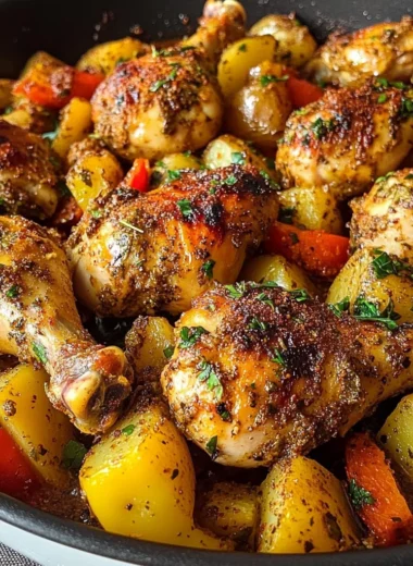 Epic One-Pan Baked Chicken Drumsticks with Herbed Potatoes & Peppers