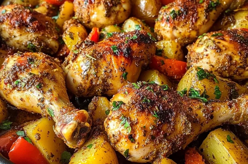 Epic One-Pan Baked Chicken Drumsticks with Herbed Potatoes & Peppers