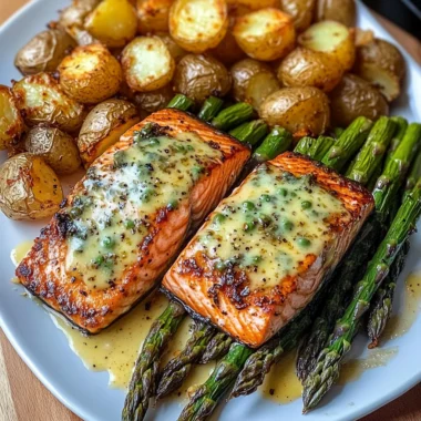 Garlic Butter Salmon with Cheesy Asparagus & Crispy Baby Potatoes