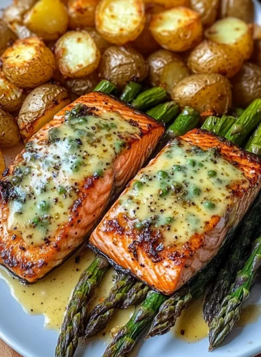 Garlic Butter Salmon with Cheesy Asparagus & Crispy Baby Potatoes