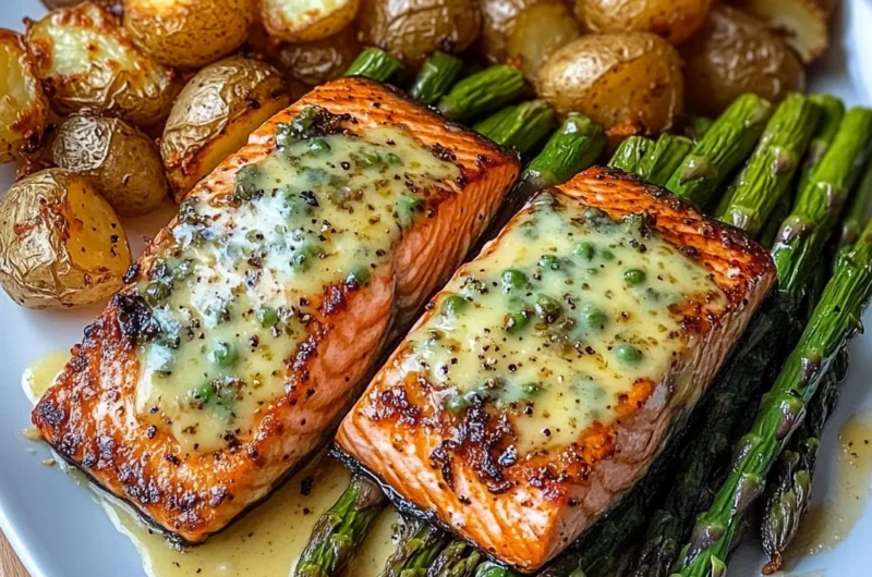 Garlic Butter Salmon with Cheesy Asparagus & Crispy Baby Potatoes