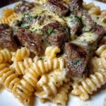 Garlic Butter Steak Rotini in Creamy Parmesan Mozzarella Sauce
