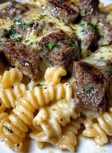 Garlic Butter Steak Rotini in Creamy Parmesan Mozzarella Sauce
