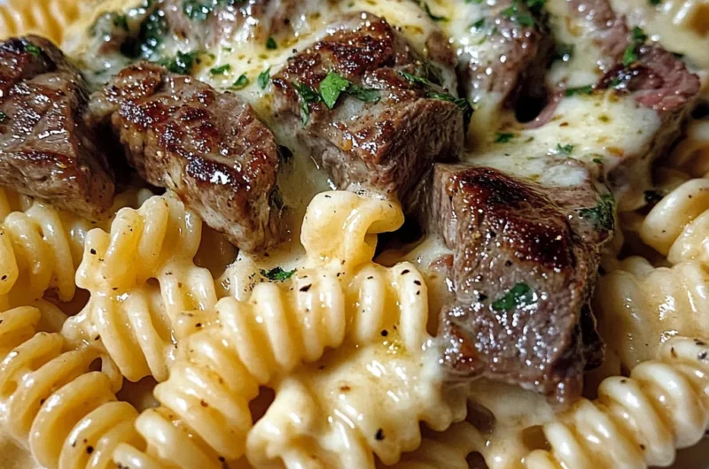 Garlic Butter Steak Rotini in Creamy Parmesan Mozzarella Sauce