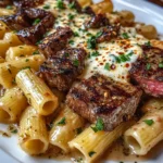 Garlic Butter Steak Tips with Creamy Mozzarella Rigatoni