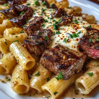 Garlic Butter Steak Tips with Creamy Mozzarella Rigatoni