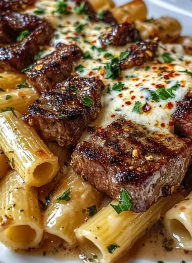 Garlic Butter Steak Tips with Creamy Mozzarella Rigatoni