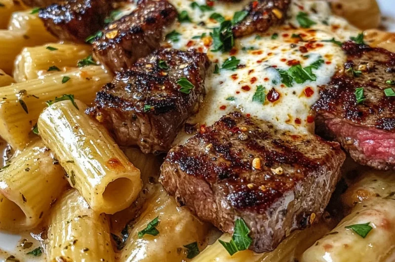Garlic Butter Steak Tips with Creamy Mozzarella Rigatoni