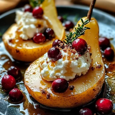 Golden Christmas Pear Halves with Whipped Feta, Ruby Cranberries & Warm Honey Drizzle