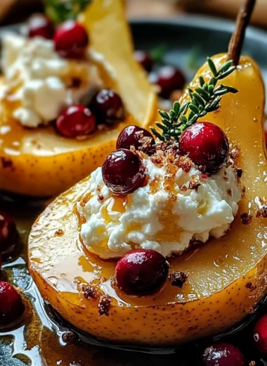 Golden Christmas Pear Halves with Whipped Feta, Ruby Cranberries & Warm Honey Drizzle