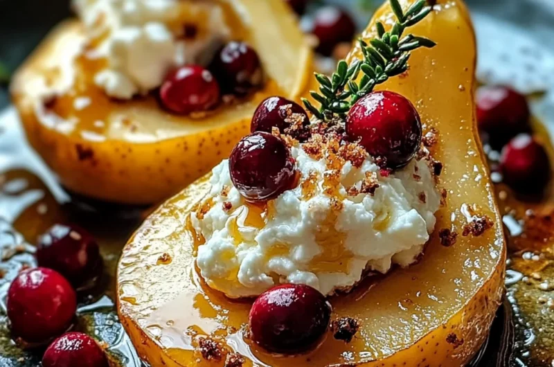 Golden Christmas Pear Halves with Whipped Feta, Ruby Cranberries & Warm Honey Drizzle