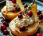 Golden Christmas Pear Halves with Whipped Feta, Ruby Cranberries & Warm Honey Drizzle