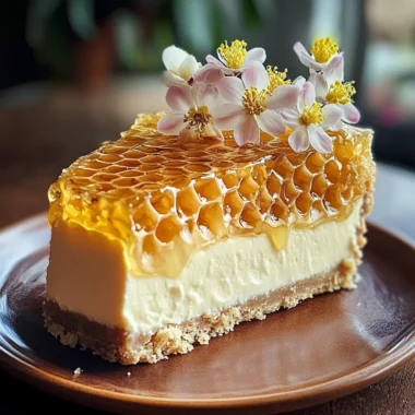 Golden Honeycomb Vanilla Cheesecake with Sugar Blossom Garnish
