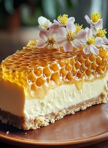 Golden Honeycomb Vanilla Cheesecake with Sugar Blossom Garnish