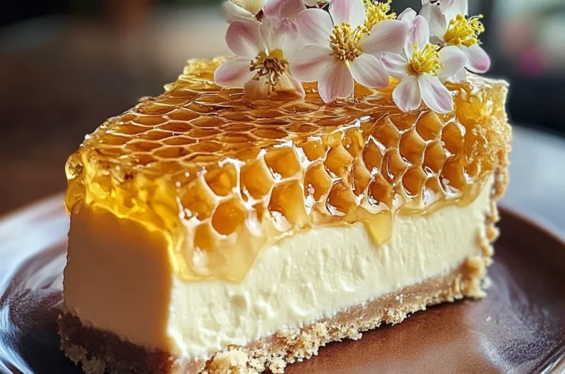 Golden Honeycomb Vanilla Cheesecake with Sugar Blossom Garnish