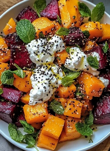 Golden Roasted Pumpkin & Beet Salad with Creamy Ricotta Clouds