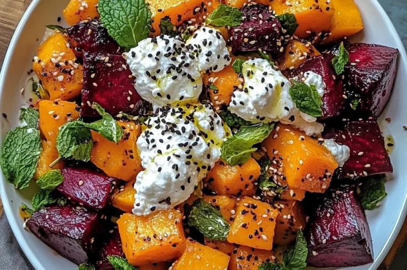 Golden Roasted Pumpkin & Beet Salad with Creamy Ricotta Clouds