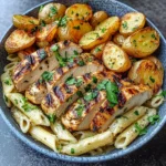 Grilled Chicken Bowl with Garlic Herb Pasta & Crispy Roasted Potatoes