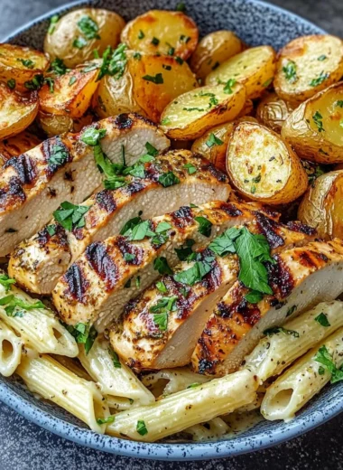 Grilled Chicken Bowl with Garlic Herb Pasta & Crispy Roasted Potatoes